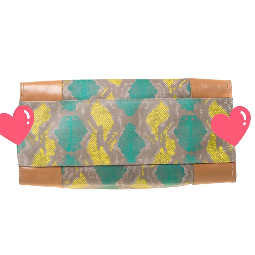 Tory Burch Ella Tote Bag Green Yellow Snakeskin Print‎ Canvas Leather Trim Large